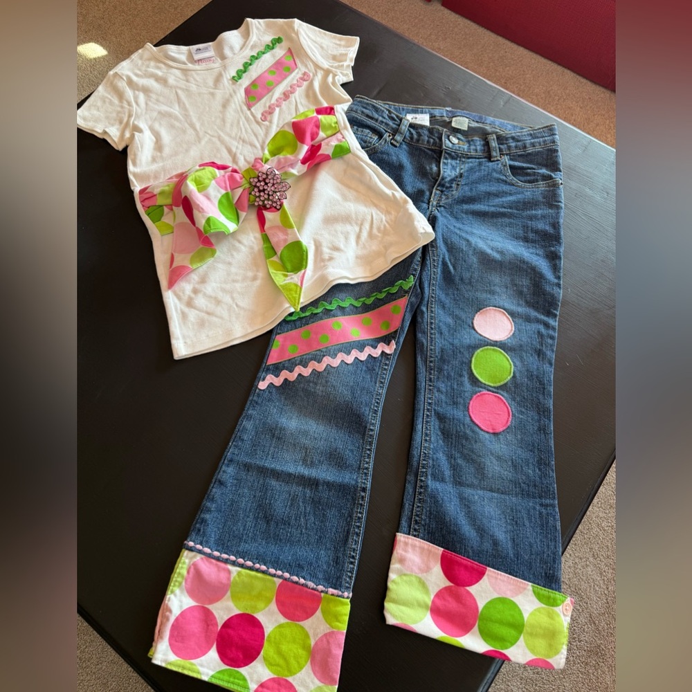 Girls custom boutique preppy pink green polka dots set with bows, size 8